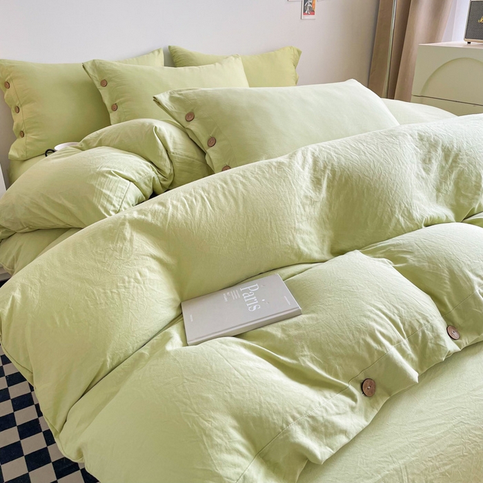 91家纺网 家纺一手货源 找家纺 库里梦家纺 2025新款水洗棉纽扣四件套学生季A类简约纯色无印风四件套 纽扣芥末绿