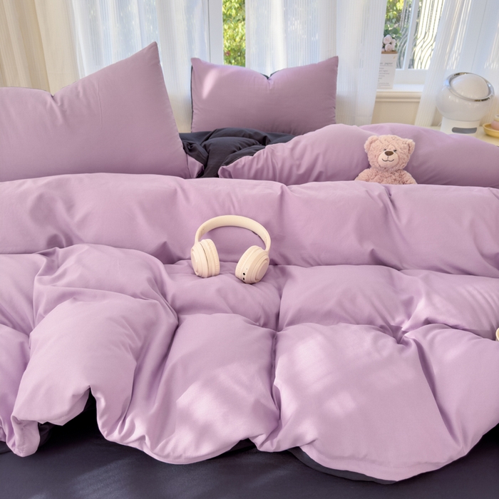 91家纺网 家纺一手货源 找家纺 优佳优品 2024新款亲肤水洗棉纯色四件套紫色星空