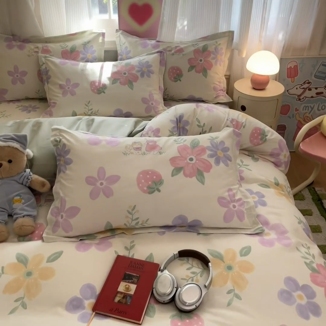 91家纺网 家纺一手货源 找家纺 2025新款全棉印花小清新单品系列-四件套（提供买家秀） 斑彩花园