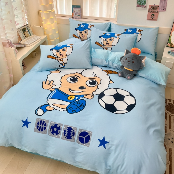 91家纺网 家纺一手货源 找家纺 金爱家 2025新款纯棉数码印花系列四件套 足球小子