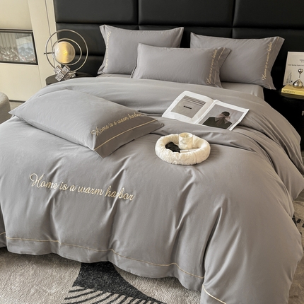 91家纺网 家纺一手货源 找家纺 买家秀 爆款花色不断货）A类母婴级纯棉磨毛四件套磨毛刺绣四件套纯棉四件套全棉磨毛四件套纯色双拼四件套 逸-至尊灰