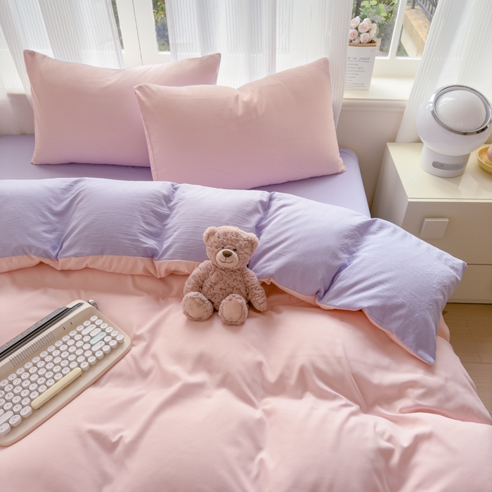 91家纺网 家纺一手货源 找家纺 优佳优品 2024新款亲肤水洗棉纯色四件套桃之夭夭