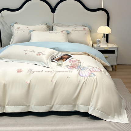 91家纺网 家纺一手货源 找家纺 （总）桃园 2025新款纯棉全棉长绒棉刺绣绣花四件套蝶影系列（高端礼盒 ）