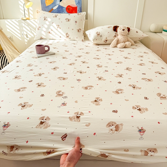 91家纺网 家纺一手货源 找家纺 温眠 2025新款A类亲肤水洗棉可爱卡通印花床笠 可爱泰迪