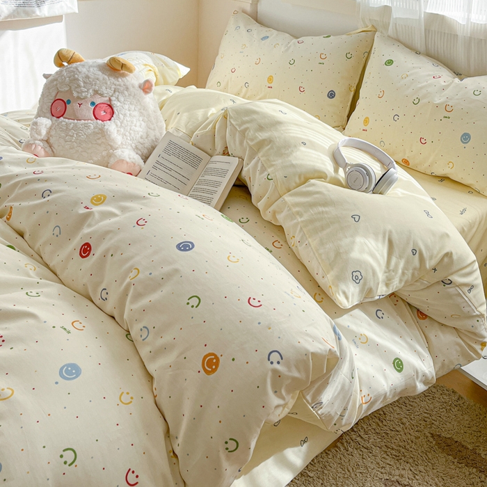 91家纺网 家纺一手货源 找家纺 西引力 2025开春新款全棉印花四件套单被套系列 笑脸