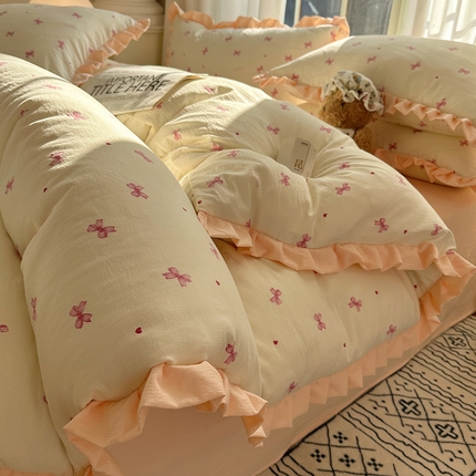 91家纺网 家纺一手货源 找家纺 韩都2025黑花边双层纱水洗针织棉韩版公主风四件套 相思