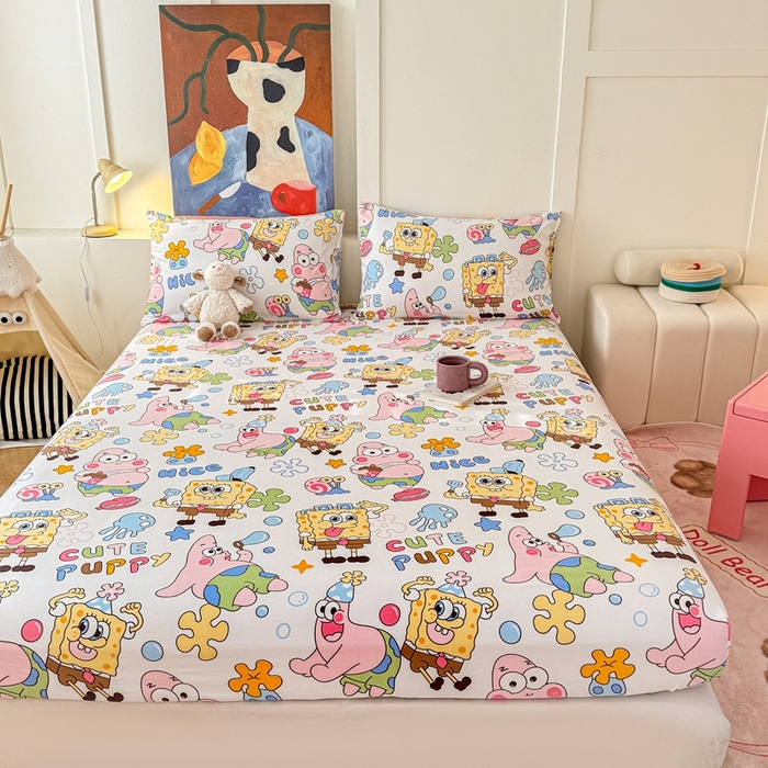 91家纺网 家纺一手货源 找家纺 温眠 2025新款A类亲肤水洗棉可爱卡通印花床笠 海绵伙伴