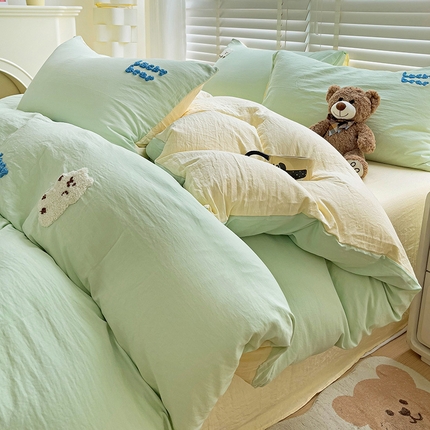 韩巢家纺 2025新款超柔水洗棉小白熊毛巾绣四件套-（提供卖家秀） 小白熊浅绿黄