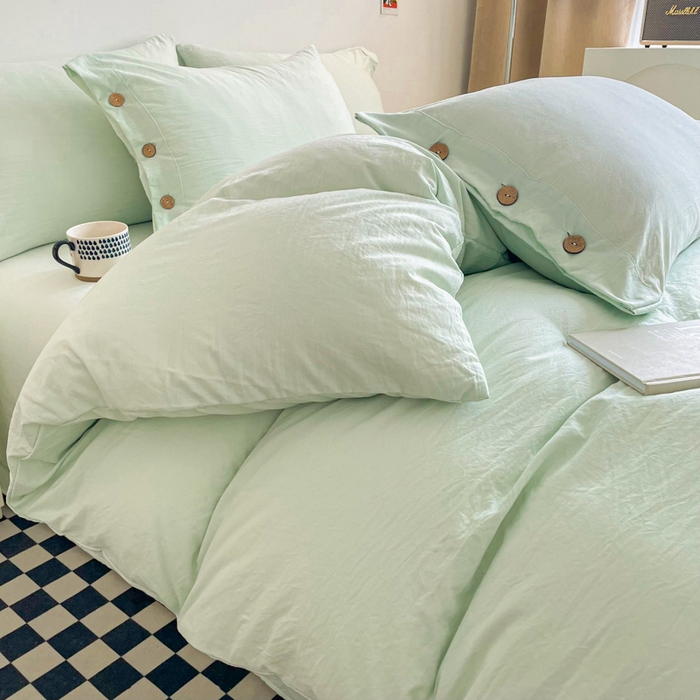 91家纺网 家纺一手货源 找家纺 库里梦家纺 2025新款水洗棉纽扣四件套学生季A类简约纯色无印风四件套 纽扣湖蓝