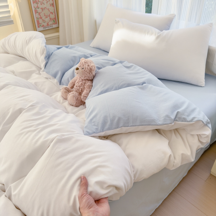 91家纺网 家纺一手货源 找家纺 优佳优品 2024新款亲肤水洗棉纯色四件套云朵冰蓝