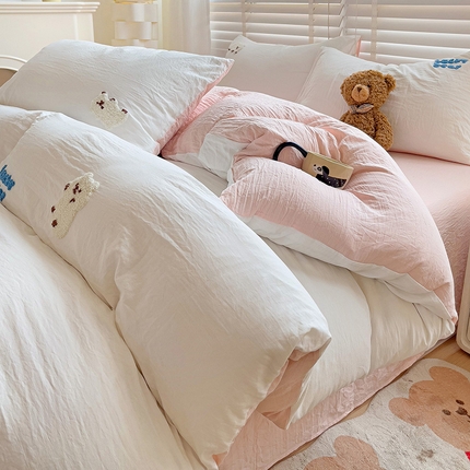 韩巢家纺 2025新款超柔水洗棉小白熊毛巾绣四件套-（提供卖家秀） 小白熊白浅粉