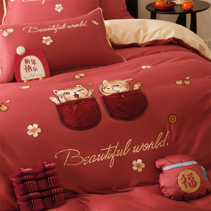 91家纺网 家纺一手货源 找家纺 （总）星野 2025新款双股澳棉刺绣贴布绣四件套-招财猫