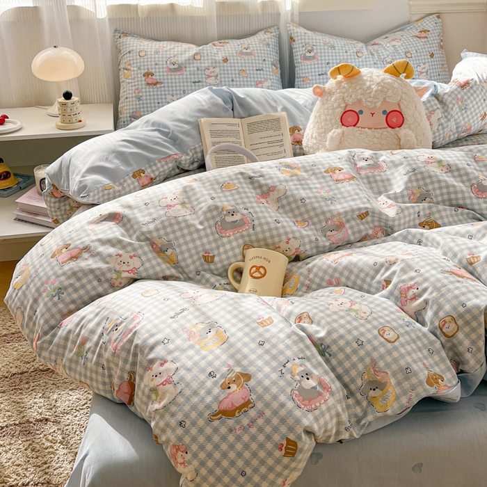 91家纺网 家纺一手货源 找家纺 西引力 2025开春新款全棉印花四件套单被套系列 狗狗派对