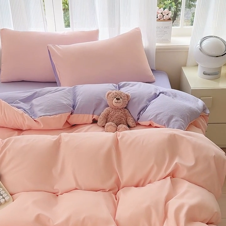 91家纺网 家纺一手货源 找家纺 优佳优品 2024新款亲肤水洗棉纯色四件套桃之夭夭