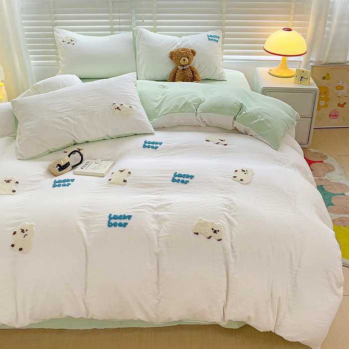 91家纺网 家纺一手货源 找家纺 韩巢家纺 2025新款超柔水洗棉小白熊毛巾绣四件套-（提供卖家秀） 小白熊白绿