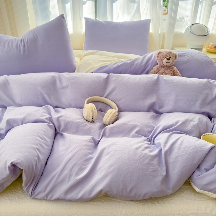 91家纺网 家纺一手货源 找家纺 优佳优品 2024新款亲肤水洗棉纯色四件套紫色时光