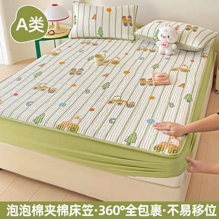 91家纺网 家纺一手货源 找家纺 恬澳家纺 2025新款A类泡泡棉夹棉印花床笠 艾丽-工程车