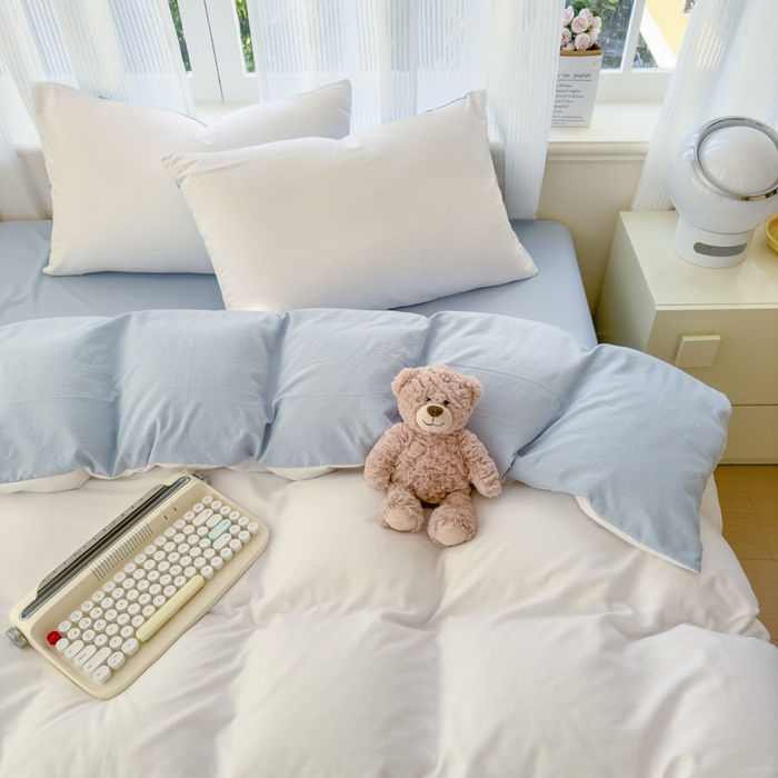 91家纺网 家纺一手货源 找家纺 优佳优品 2024新款亲肤水洗棉纯色四件套云朵冰蓝