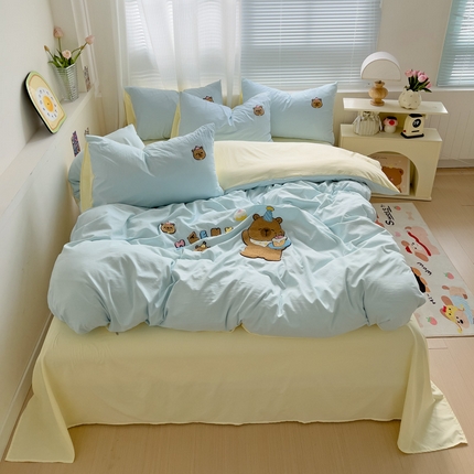 91家纺网 家纺一手货源 找家纺 凯洛奇 2025新款1水洗棉毛巾绣四件套系列【提供买家秀】 可爱巴拉-天蓝