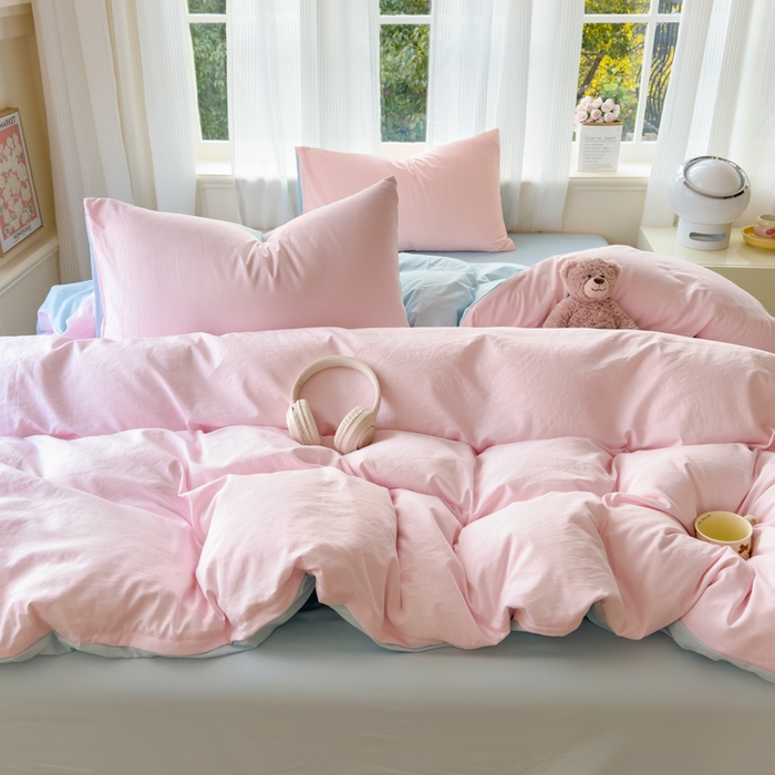 91家纺网 家纺一手货源 找家纺 优佳优品 2024新款亲肤水洗棉纯色四件套慕云粉