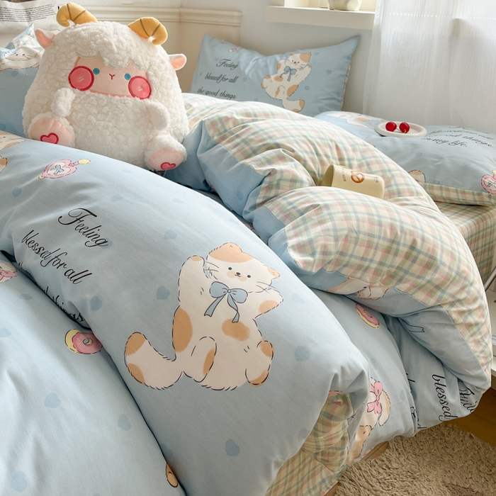 91家纺网 家纺一手货源 找家纺 西引力 2025开春新款全棉印花四件套单被套系列 猫咪酱