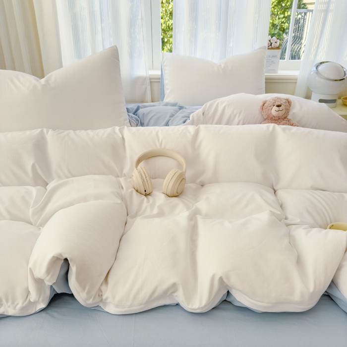 91家纺网 家纺一手货源 找家纺 优佳优品 2024新款亲肤水洗棉纯色四件套云朵冰蓝