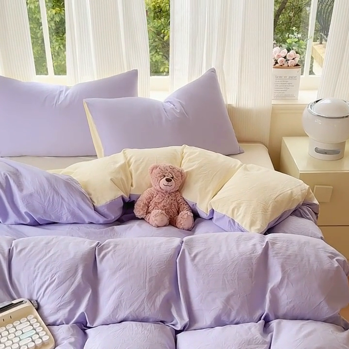 91家纺网 家纺一手货源 找家纺 优佳优品 2024新款亲肤水洗棉纯色四件套紫色时光