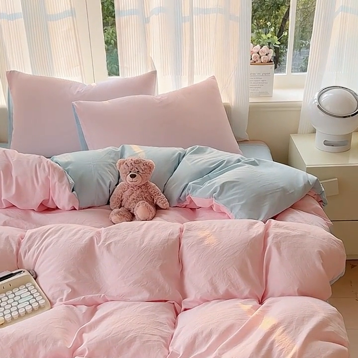 91家纺网 家纺一手货源 找家纺 优佳优品 2024新款亲肤水洗棉纯色四件套慕云粉