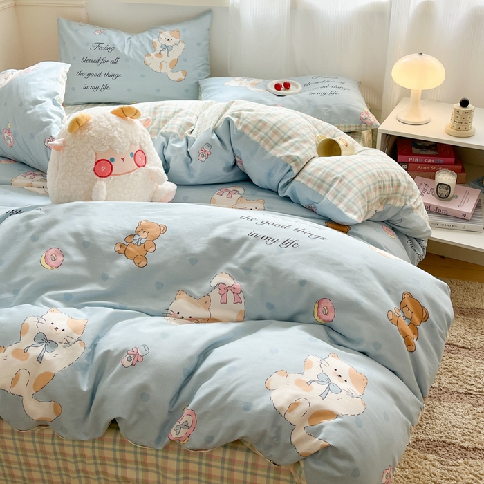 91家纺网 家纺一手货源 找家纺 西引力 2025开春新款全棉印花四件套单被套系列 猫咪酱