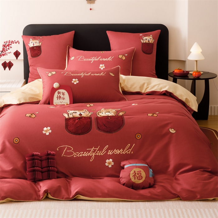 91家纺网 家纺一手货源 找家纺 （总）星野 2025新款双股澳棉刺绣贴布绣四件套-招财猫