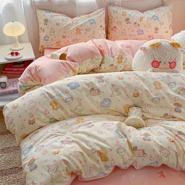 91家纺网 家纺一手货源 找家纺 西引力 2025开春新款全棉印花四件套单被套系列 狗狗家族粉