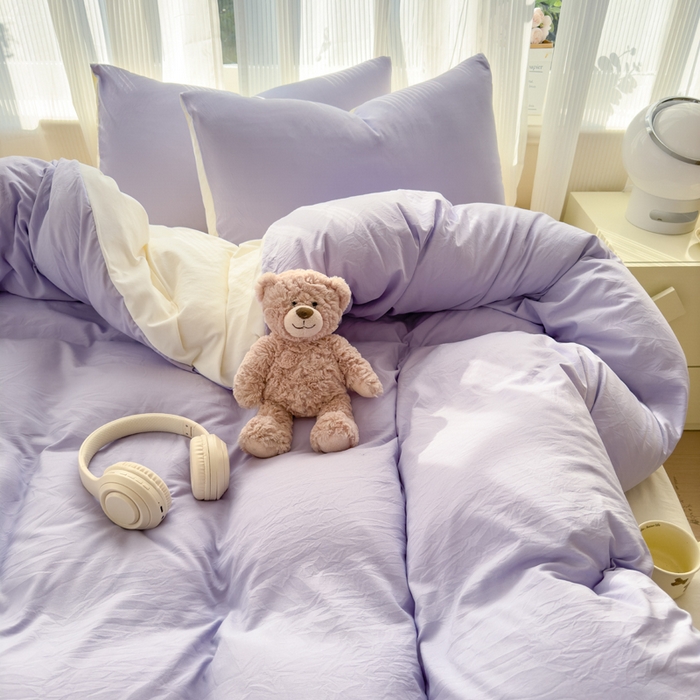 91家纺网 家纺一手货源 找家纺 优佳优品 2024新款亲肤水洗棉纯色四件套紫色时光