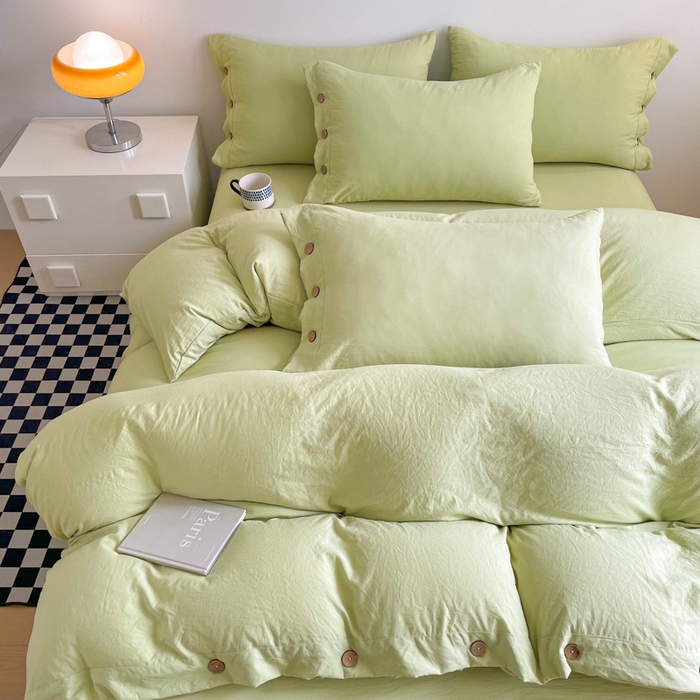 91家纺网 家纺一手货源 找家纺 库里梦家纺 2025新款水洗棉纽扣四件套学生季A类简约纯色无印风四件套 纽扣芥末绿