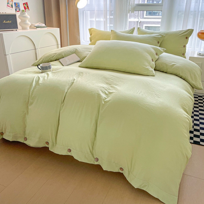 91家纺网 家纺一手货源 找家纺 库里梦家纺 2025新款水洗棉纽扣四件套学生季A类简约纯色无印风四件套 纽扣芥末绿