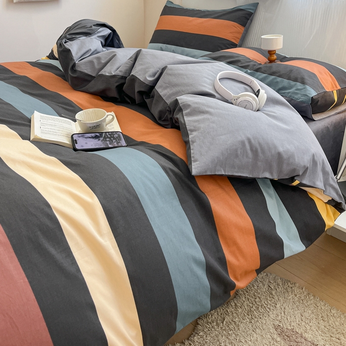 91家纺网 家纺一手货源 找家纺 西引力 2025开春新款全棉印花四件套单被套系列 彩条时尚