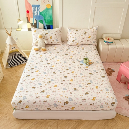温眠 2025新款A类亲肤水洗棉可爱卡通印花床笠 奶芙汪汪