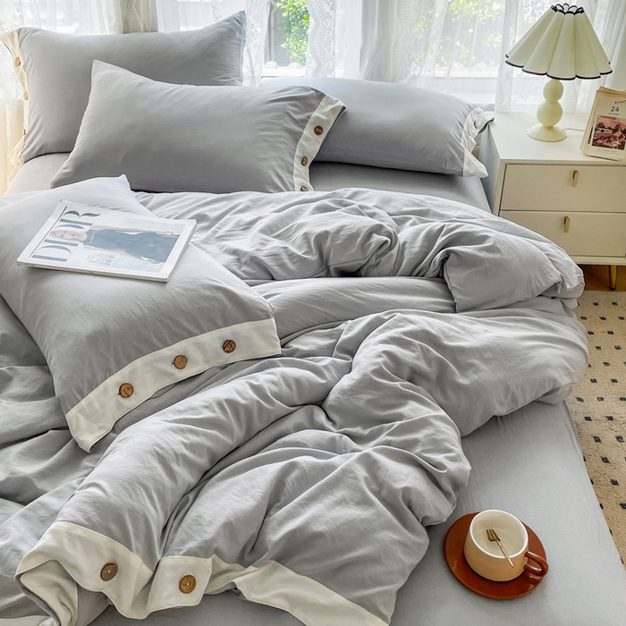 91家纺网 家纺一手货源 找家纺 库里梦家纺 2025新款贴边纽扣式纯色水洗棉四件套 贴边纽扣-雅灰