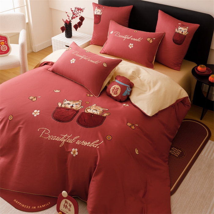 91家纺网 家纺一手货源 找家纺 （总）星野 2025新款双股澳棉刺绣贴布绣四件套-招财猫