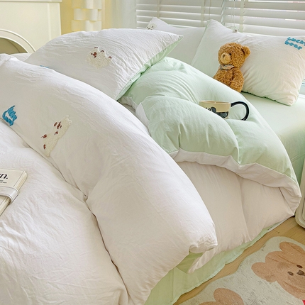 韩巢家纺 2025新款超柔水洗棉小白熊毛巾绣四件套-（提供卖家秀） 小白熊白绿