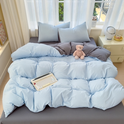 优佳优品 2024新款亲肤水洗棉纯色四件套莫奈灰蓝