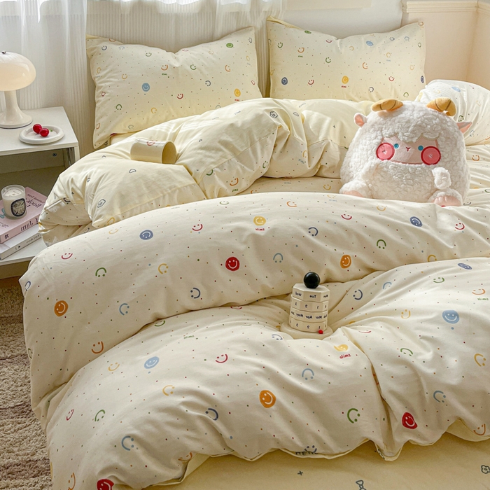 91家纺网 家纺一手货源 找家纺 西引力 2025开春新款全棉印花四件套单被套系列 笑脸