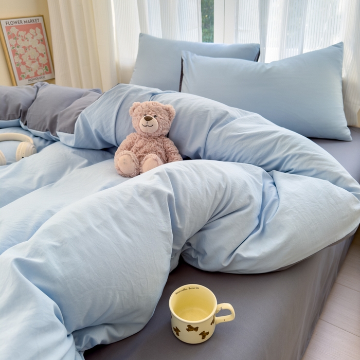 91家纺网 家纺一手货源 找家纺 优佳优品 2024新款亲肤水洗棉纯色四件套莫奈灰蓝