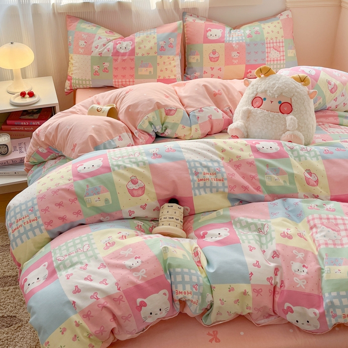 91家纺网 家纺一手货源 找家纺 西引力 2025开春新款全棉印花四件套单被套系列 可爱喵喵