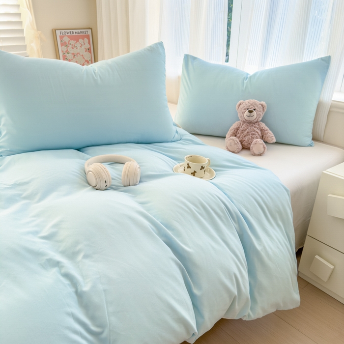 91家纺网 家纺一手货源 找家纺 优佳优品 2024新款亲肤水洗棉纯色四件套霜雪蔚蓝