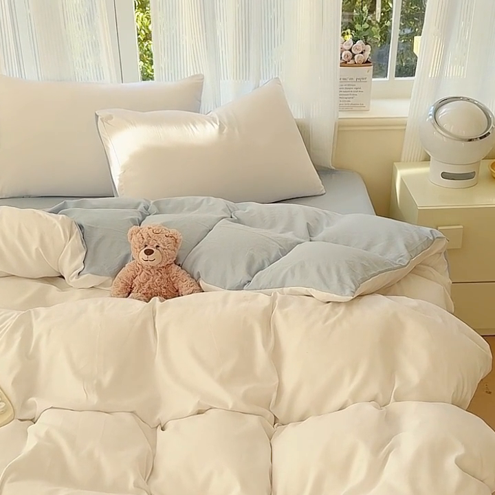 91家纺网 家纺一手货源 找家纺 优佳优品 2024新款亲肤水洗棉纯色四件套云朵冰蓝