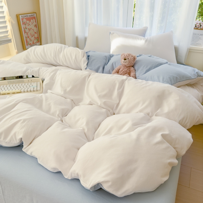 91家纺网 家纺一手货源 找家纺 优佳优品 2024新款亲肤水洗棉纯色四件套云朵冰蓝