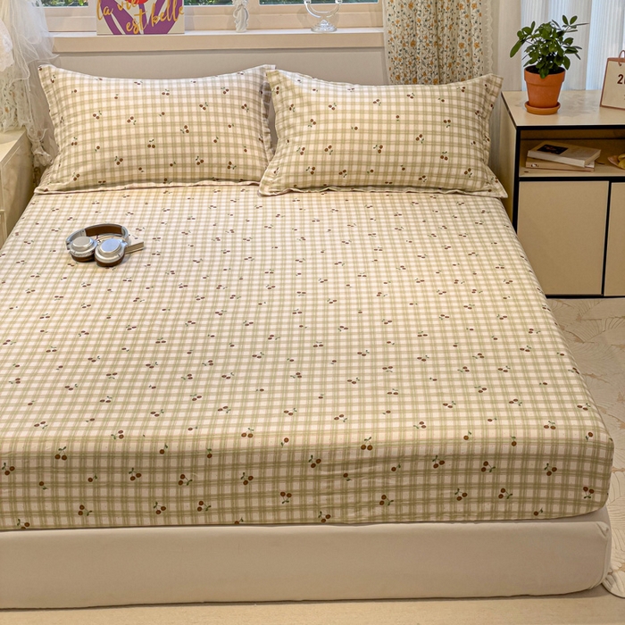 91家纺网 家纺一手货源 找家纺 2025春夏新款全棉花卉系列印花单床笠 酸甜樱桃