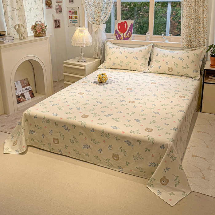 91家纺网 家纺一手货源 找家纺 2025春夏新款全棉花卉系列印花床单 叶中萌熊