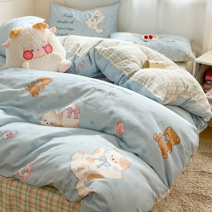 91家纺网 家纺一手货源 找家纺 西引力 2025开春新款全棉印花四件套单被套系列 猫咪酱