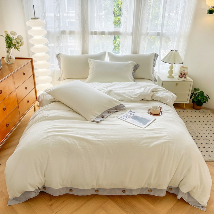 91家纺网 家纺一手货源 找家纺 库里梦家纺 2025新款贴边纽扣式纯色水洗棉四件套 贴边纽扣-奶油白